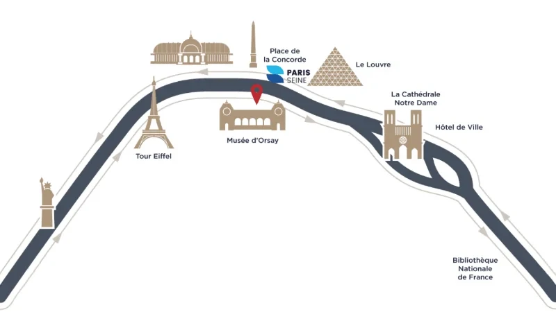 Kaart die de route van de Paris Seine-cruise illustreert vanaf Port de Solférino, langs het Louvre, Notre-Dame en de Pont Alexandre III.