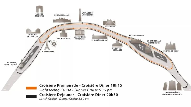 Plan van de route van de gecommentarieerde cruise op de Seine, aangeboden in combinatie met restaurant Le Bistro Parisien aan de voet van de Eiffeltoren.