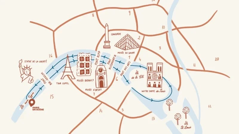 Paris en Scène 晚餐巡游路线图,经过埃菲尔铁塔和巴黎圣母院。