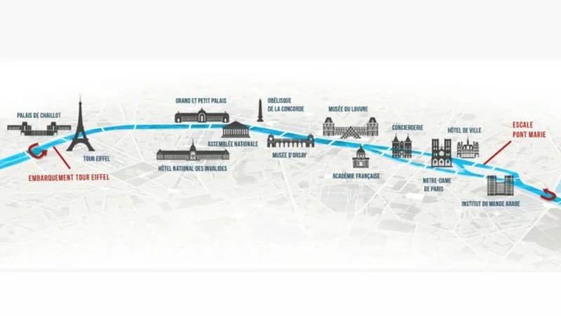 Vedettes de Parisが提供するセーヌ川クルーズのルート、エッフェル塔から出発。