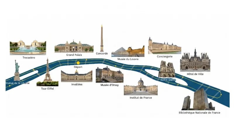 Cruise Prestige Route.jpgRoute van de Prestige cruise op de Seine aan boord van de Péniche Tosca door Eiffel Croisières.