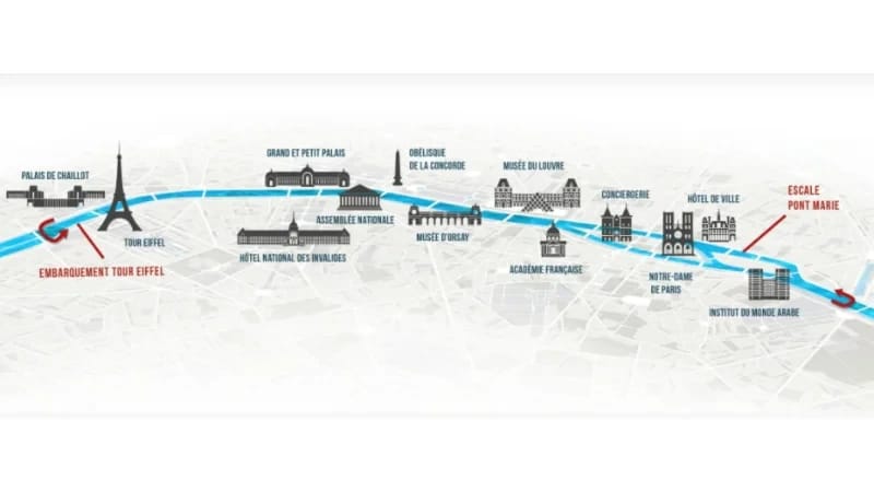 Plan der Route der geführten Kreuzfahrt der Vedettes de Paris mit Abfahrt am Fuße des Eiffelturms