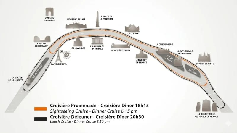 Mappa del percorso del pranzo crociera servizio privilegio della compagnia Bateaux Parisiens