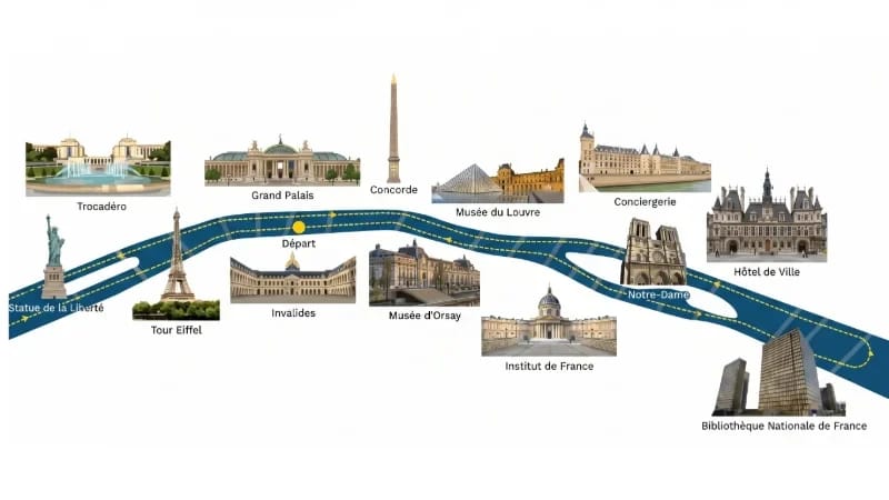 Eiffel Croisière公司从亚历山大三世桥出发的美食午餐路线图
