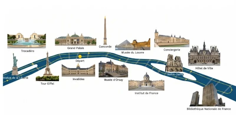 Routekaart van de kerstavond dinercruise aan boord van L'ivoire van de Eiffel Croisières