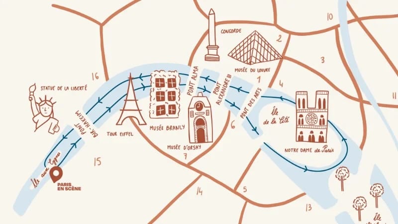 Kaart van de Valentijnscruise route van de maatschappij Paris en Scène