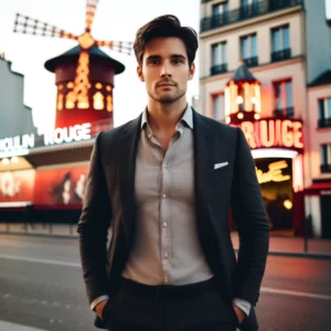 Homme en costard devant le Moulin Rouge